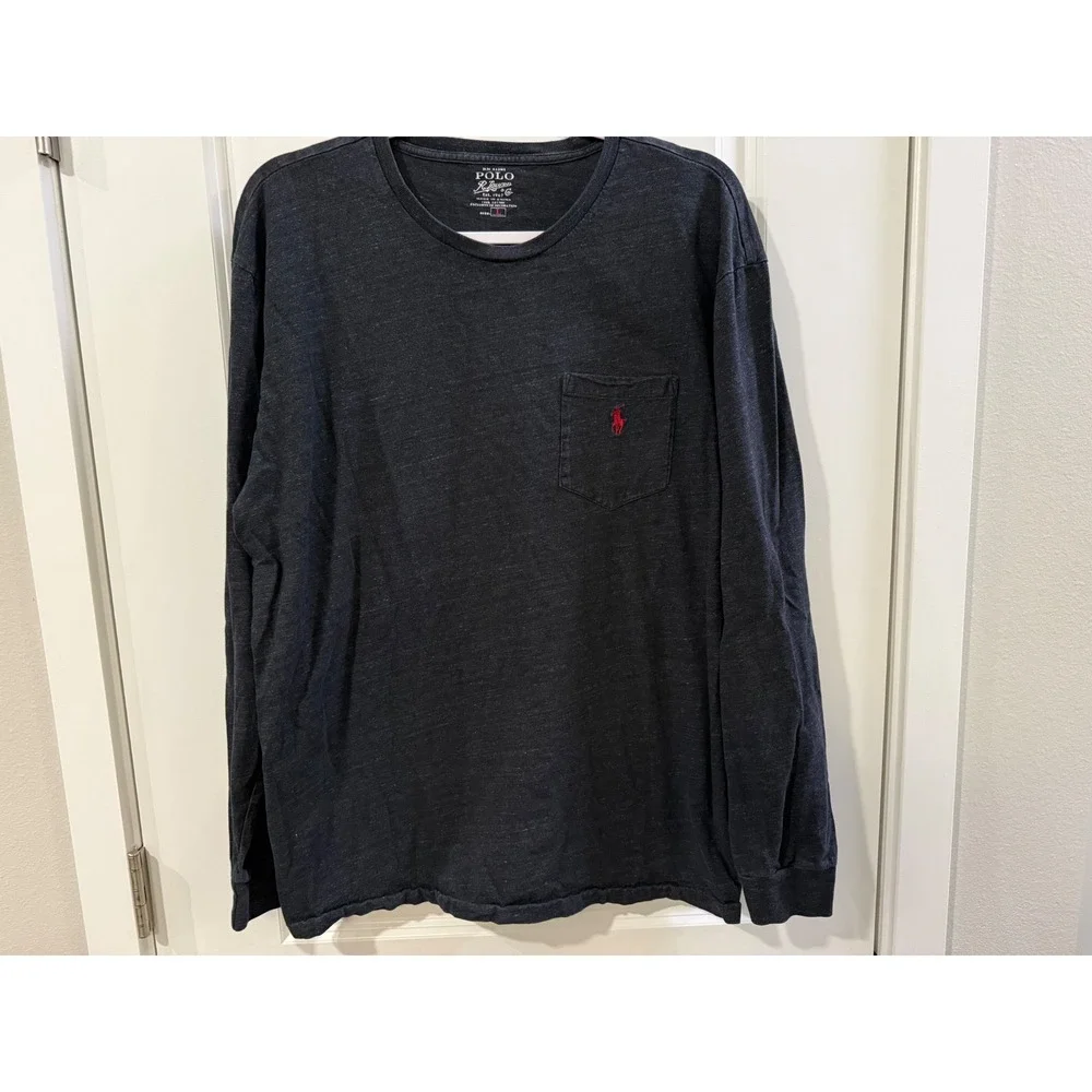 Polo Ralph Lauren Mens Large Charcoal Grey Heather Long‎ Sleeve Pocket Tee Shirt